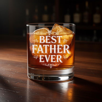 Close-up of a heavy bottom whiskey glass featuring the frosted "Best Father Ever" laser engraving.
