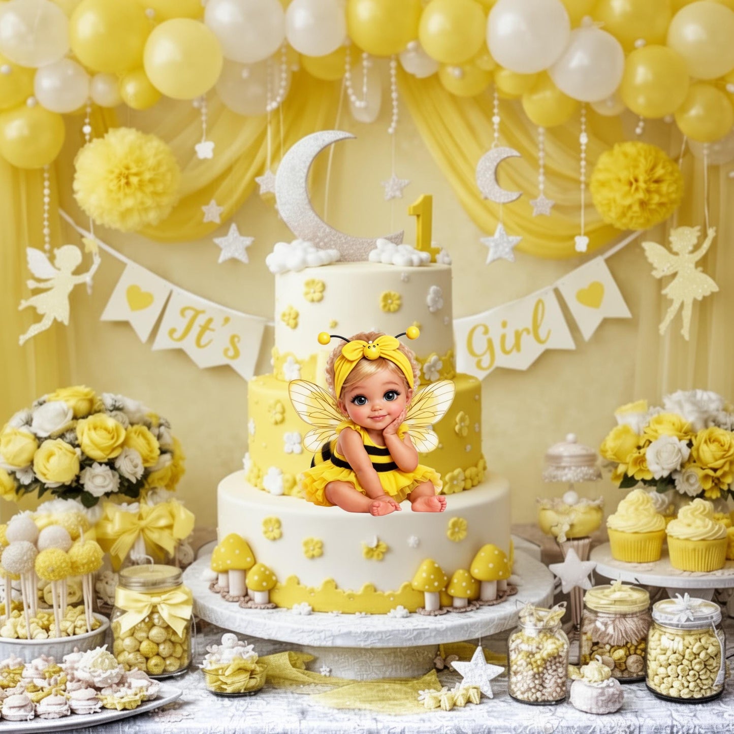 Little Bumble Bee Baby Girl Cutout, Baby Shower Centerpiece, 1st Birthday Party Decor