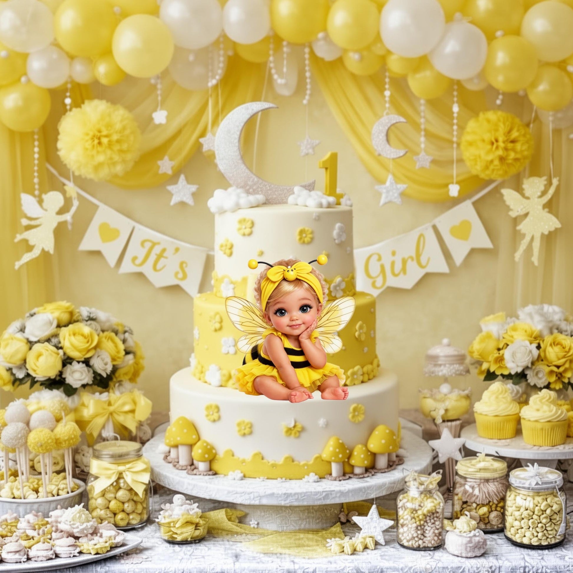 Little Bumble Bee Baby Girl Cutout, Baby Shower Centerpiece, 1st Birthday Party Decor