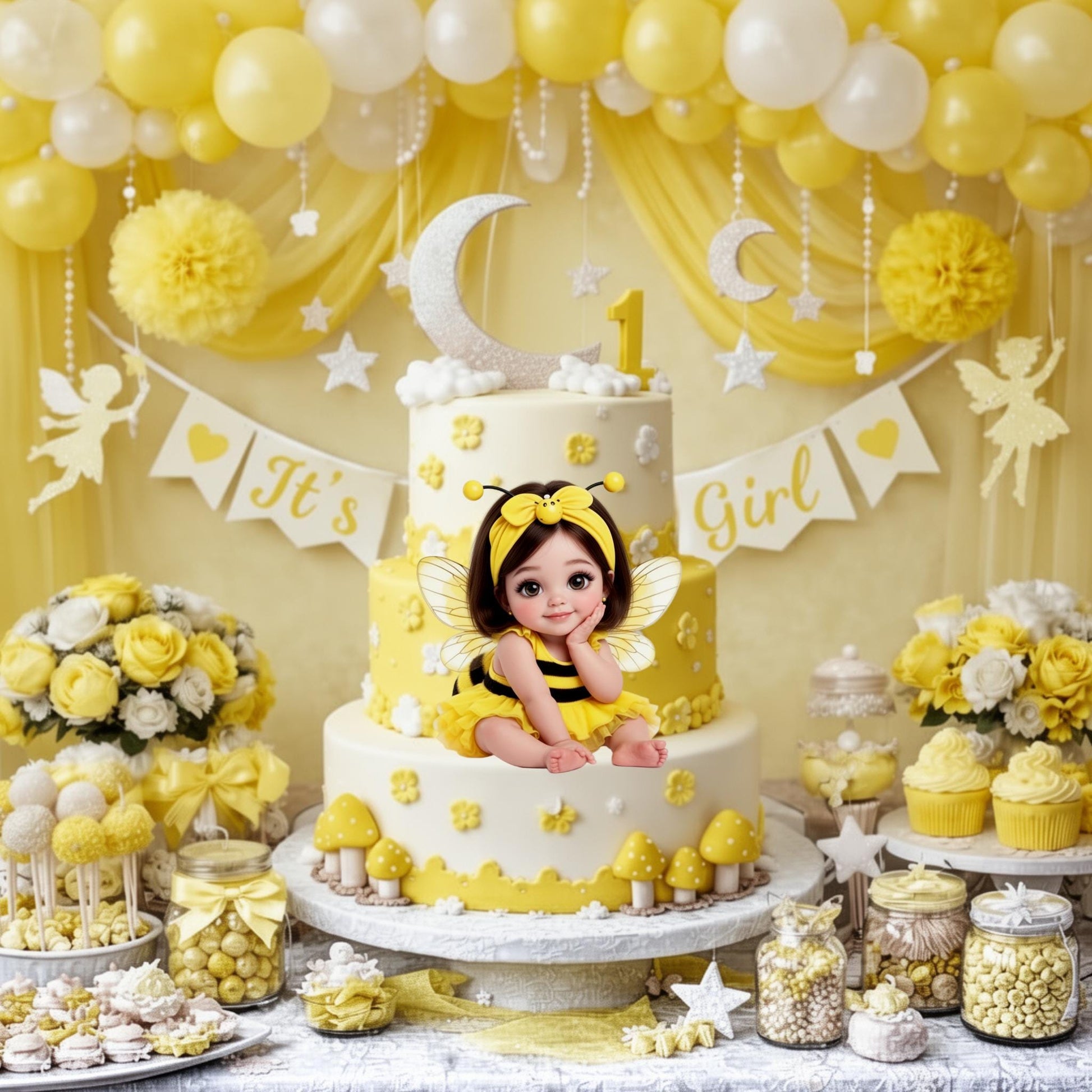Little Bumble Bee Baby Girl Cutout, Baby Shower Centerpiece, 1st Birthday Party Decor
