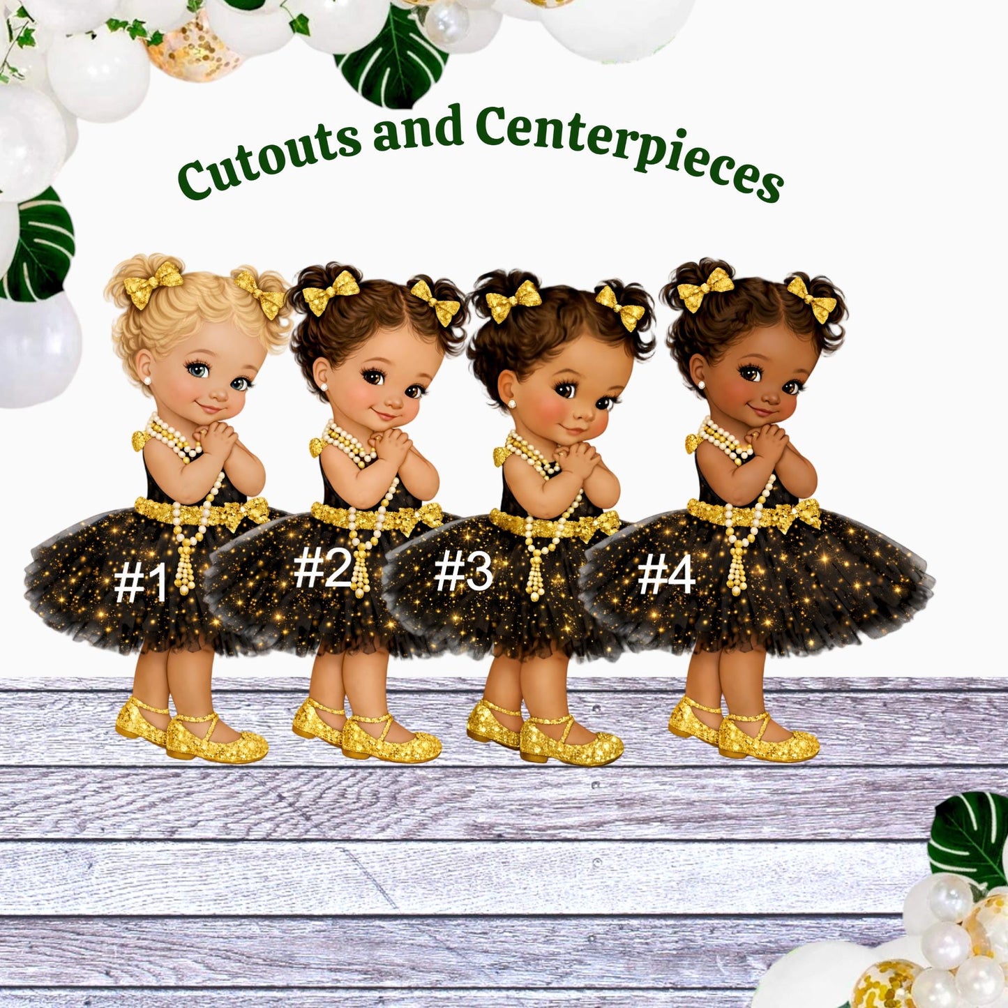 Black Gold Glamour Baby Girl Cutout Centerpiece, Baby Shower 1st Birthday Decor, Pearls Tutu