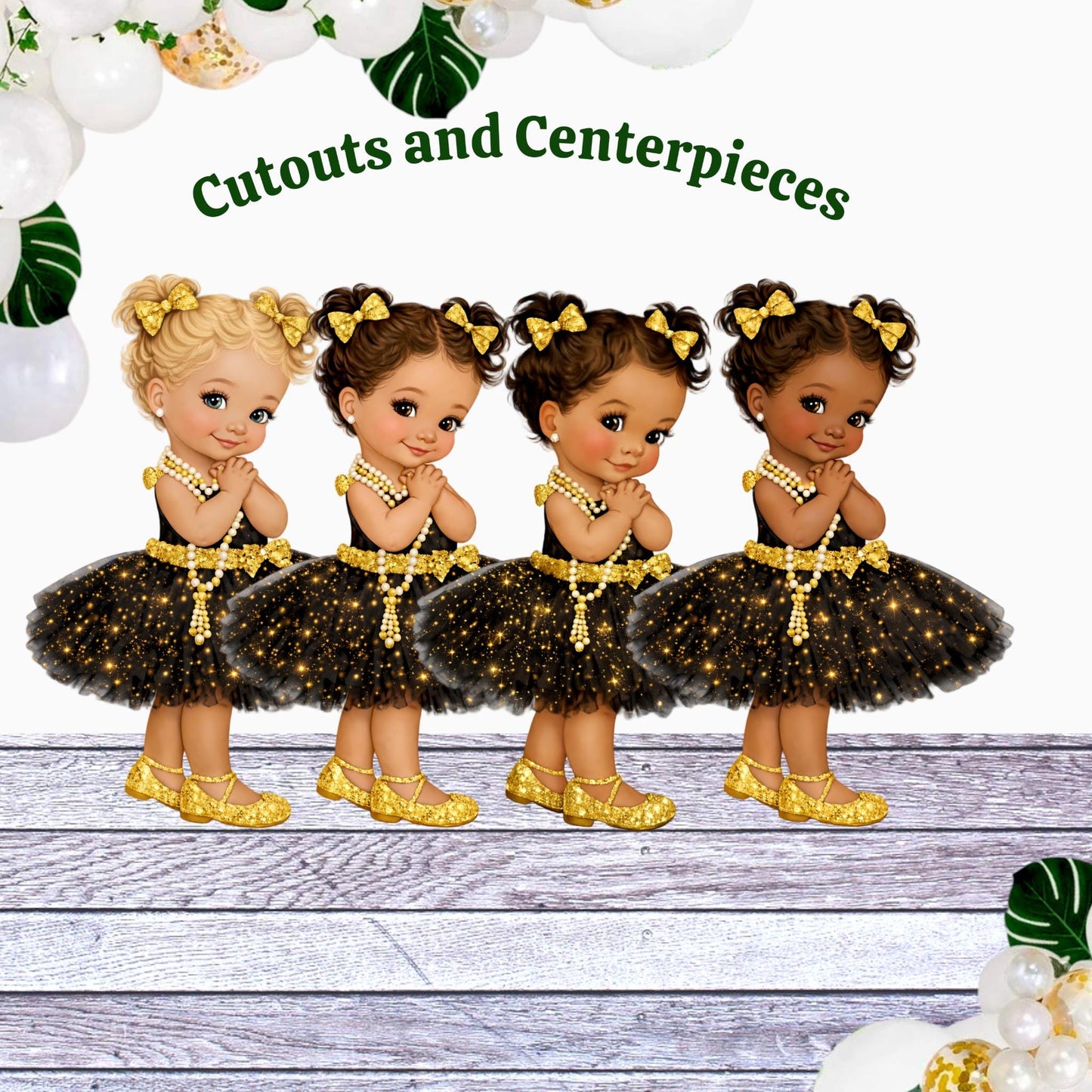 Black Gold Glamour Baby Girl Cutout Centerpiece, Baby Shower 1st Birthday Decor, Pearls Tutu