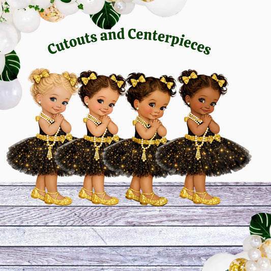 Black Gold Glamour Baby Girl Cutout Centerpiece, Baby Shower 1st Birthday Decor, Pearls Tutu
