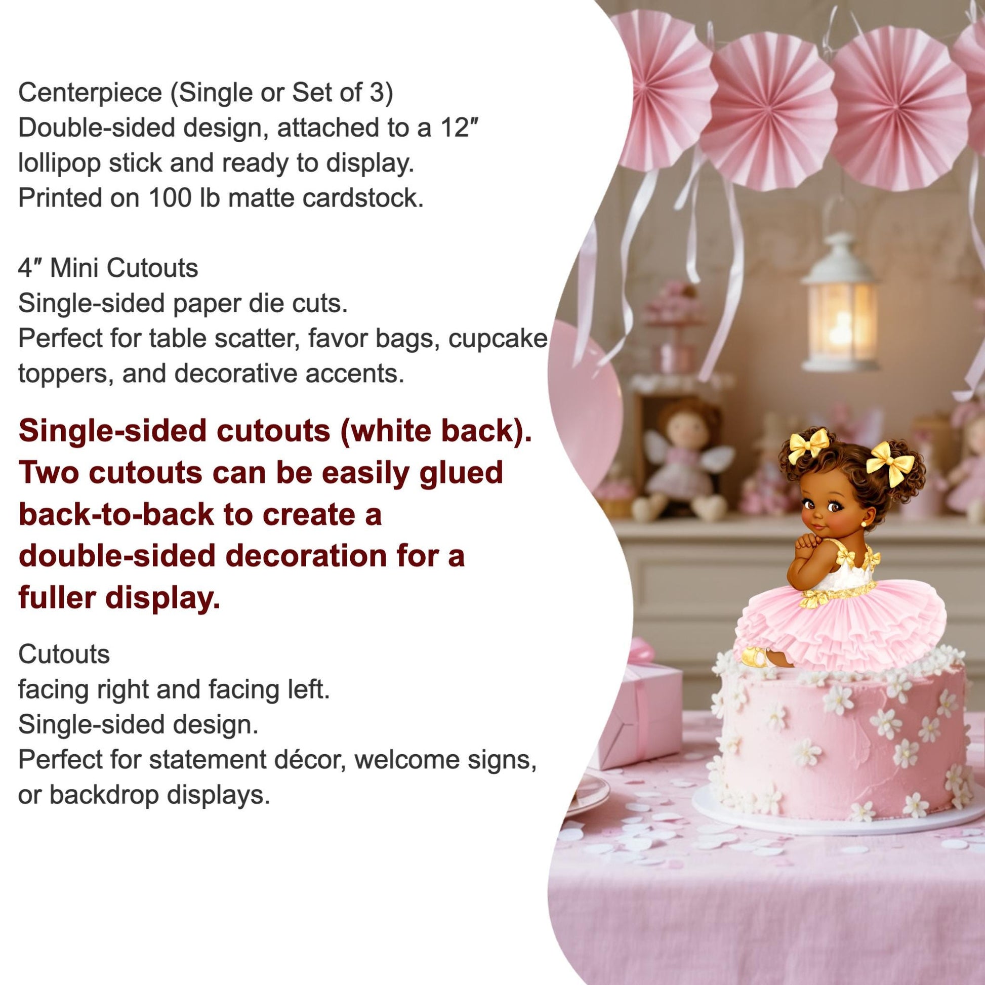 Pink Gold Ballerina Baby Girl Cutout Centerpiece, Tutu Baby Shower 1st Birthday Party Decor