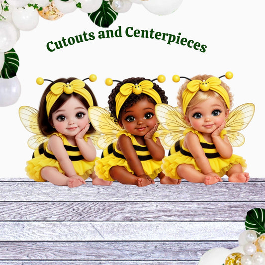 Bumble bee baby girl cutout and centerpiece for baby shower and first birthday party decoration printed on 100 lb cardstock by ArtPaperWonders