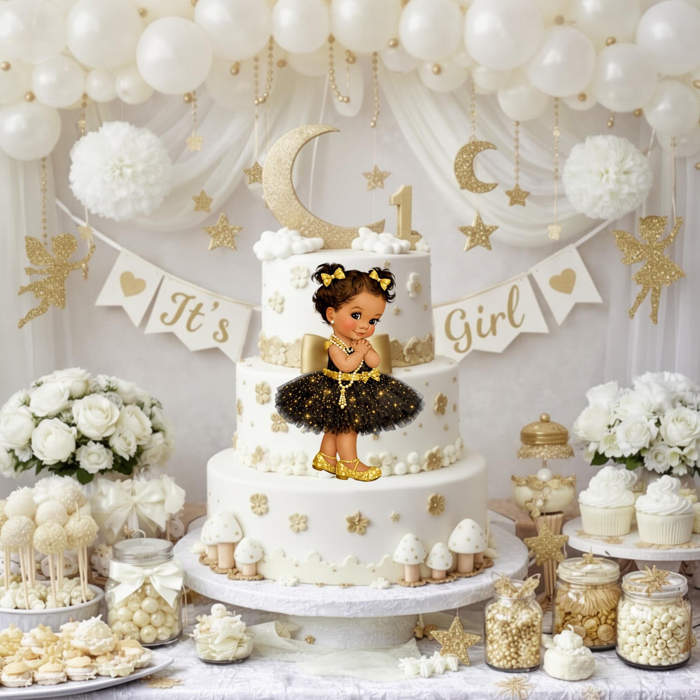 Black Gold Glamour Baby Girl Cutout Centerpiece, Baby Shower 1st Birthday Decor, Pearls Tutu