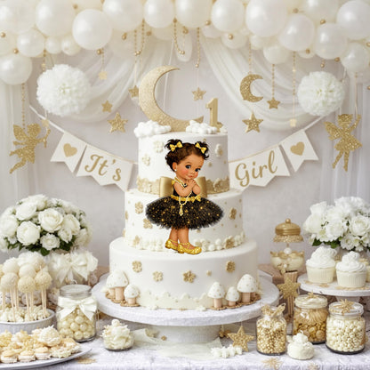 Black Gold Glamour Baby Girl Cutout Centerpiece, Baby Shower 1st Birthday Decor, Pearls Tutu