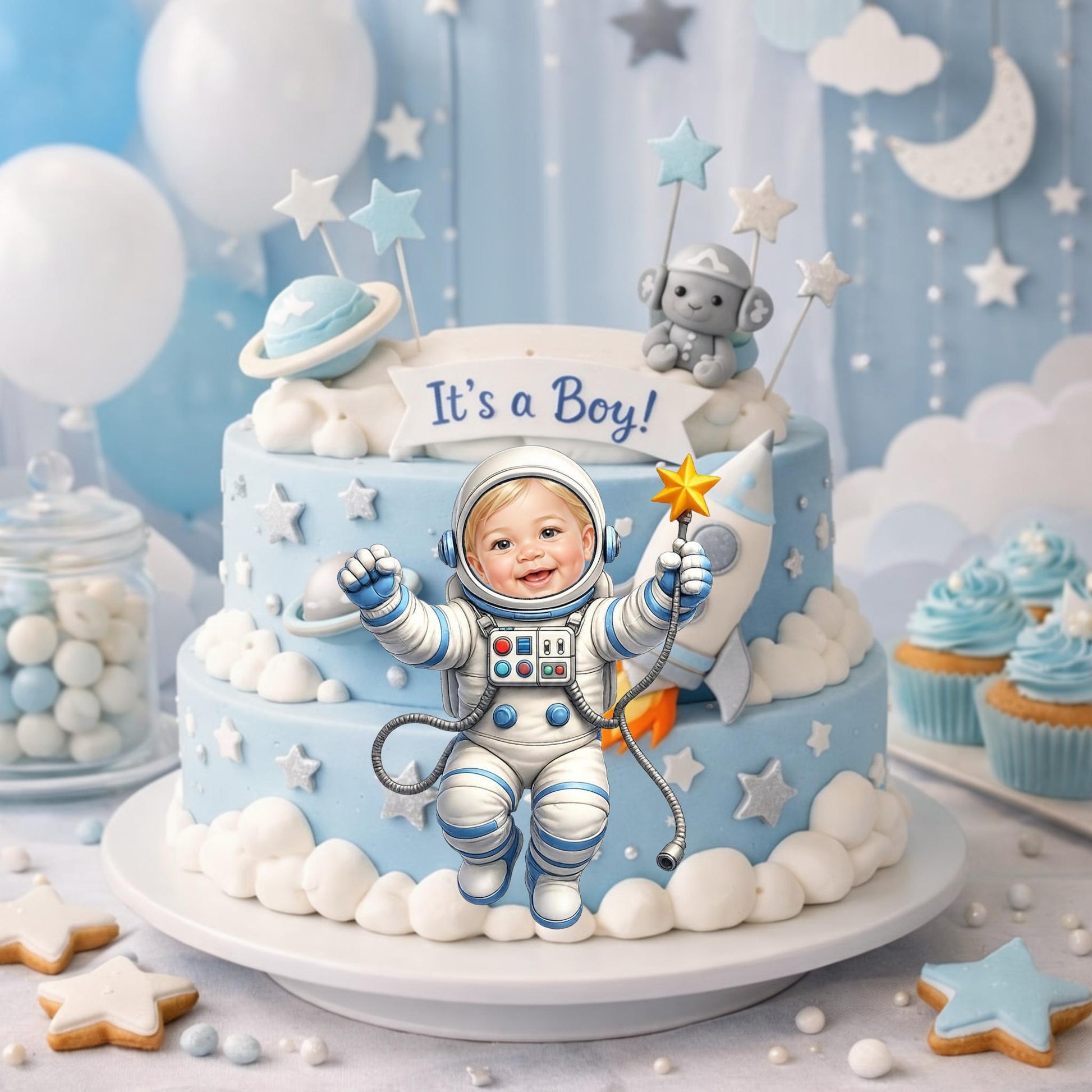 Back view of a personalized astronaut baby cutout showing the clean-cut finish, ideal for space theme party decor.