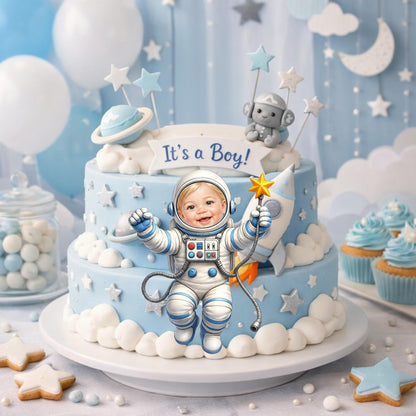 Back view of a personalized astronaut baby cutout showing the clean-cut finish, ideal for space theme party decor.