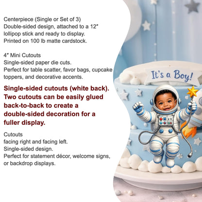 Custom photo baby astronaut cutout used as a space theme baby shower centerpiece on a party table with star confetti.