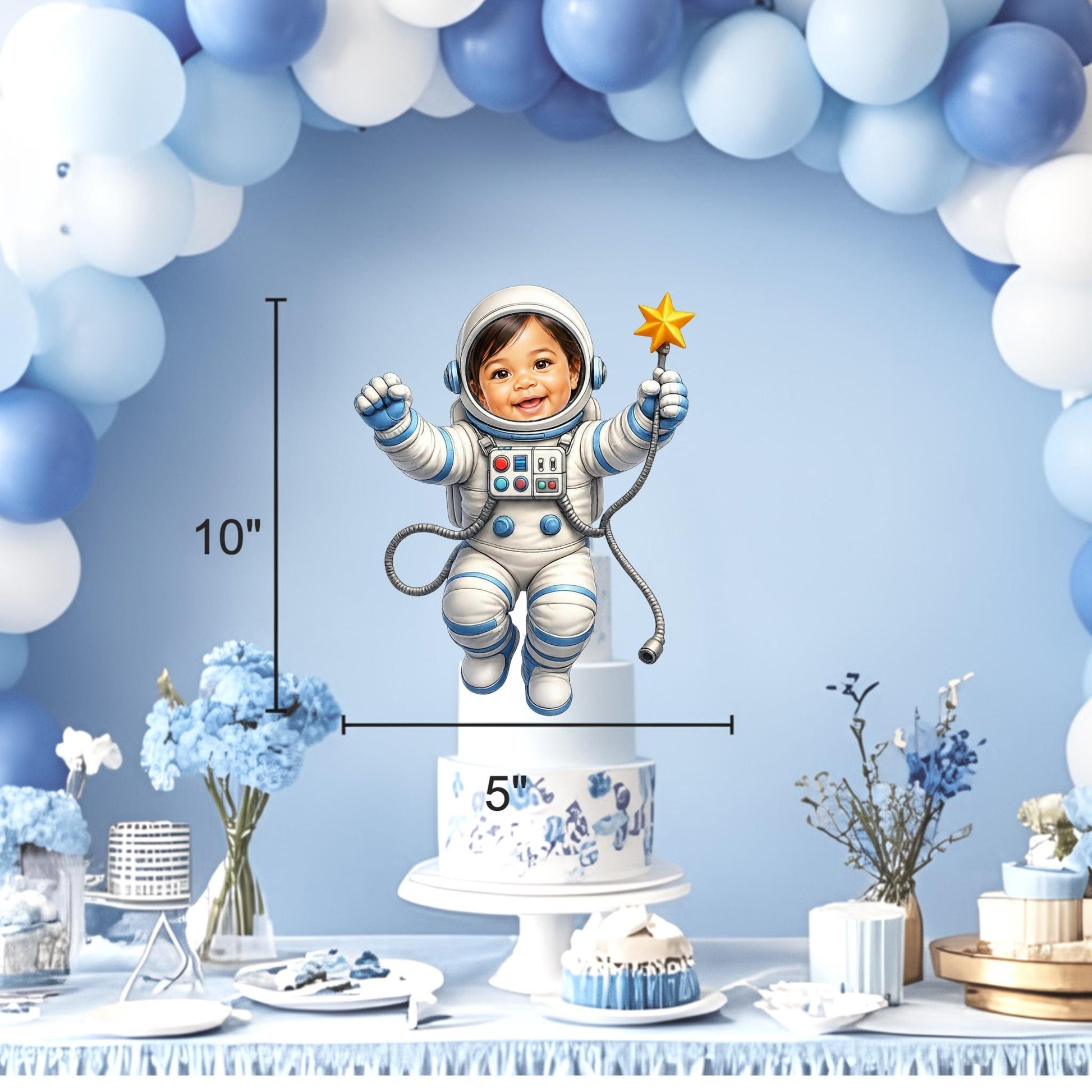 Digital proof example of a personalized astronaut baby cutout before printing, illustrating the custom photo integration.