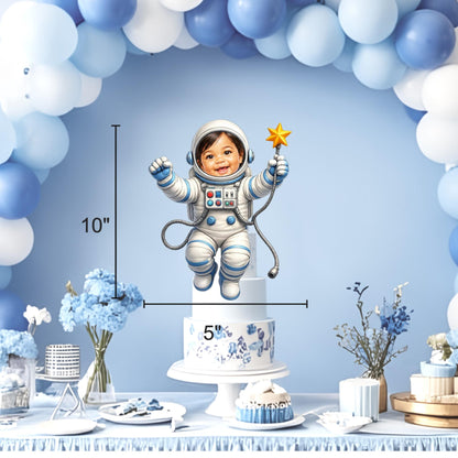 Digital proof example of a personalized astronaut baby cutout before printing, illustrating the custom photo integration.