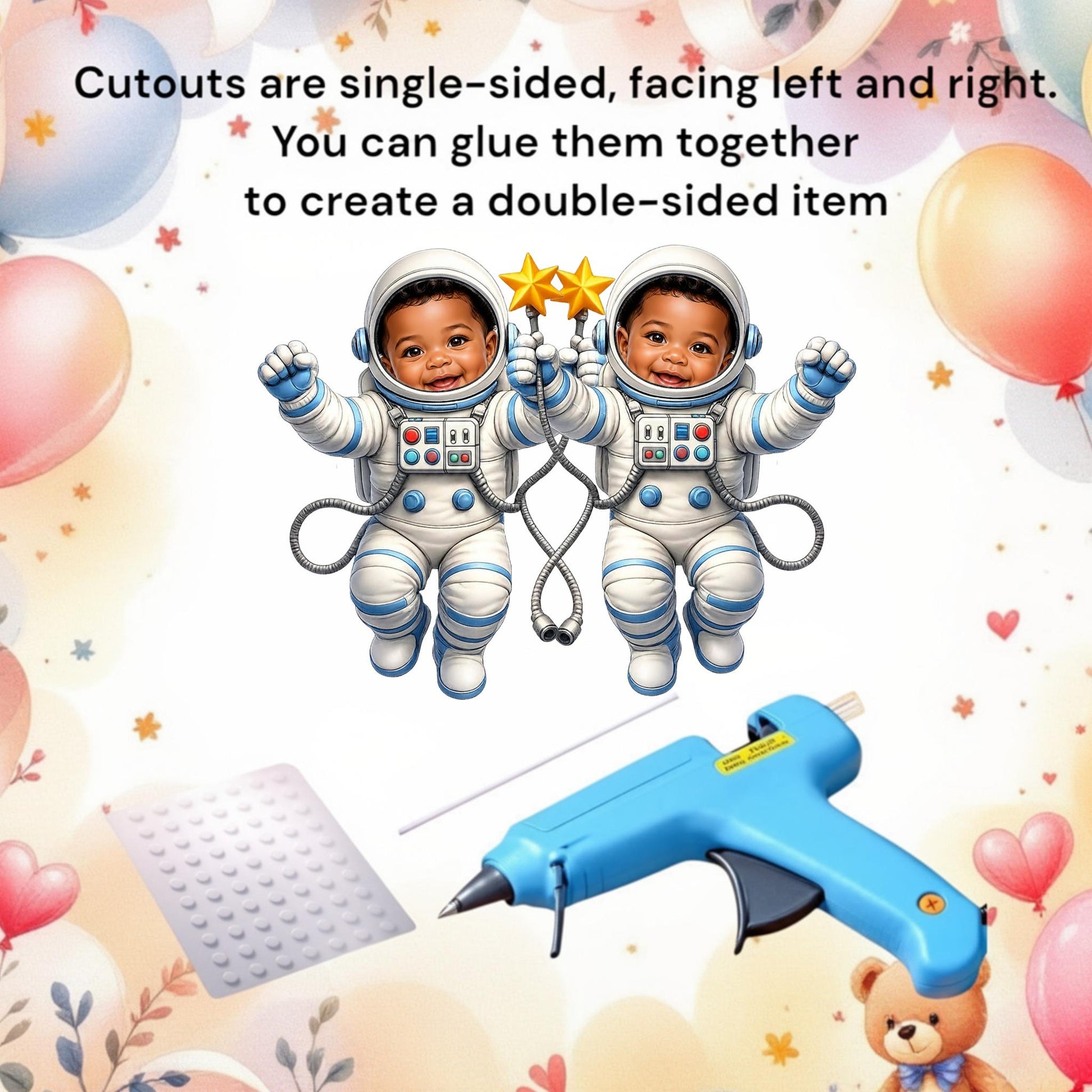 Close-up of a personalized astronaut baby cutout, showcasing the detailed uniform and your custom baby's face.