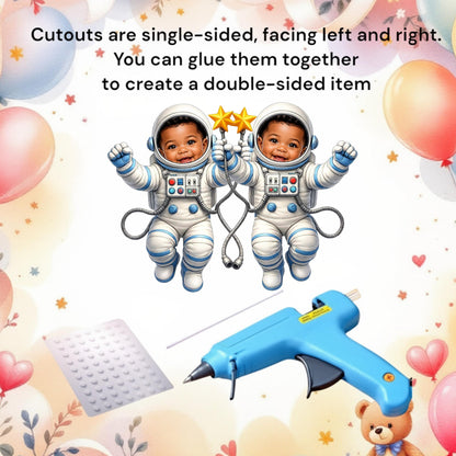 Close-up of a personalized astronaut baby cutout, showcasing the detailed uniform and your custom baby's face.
