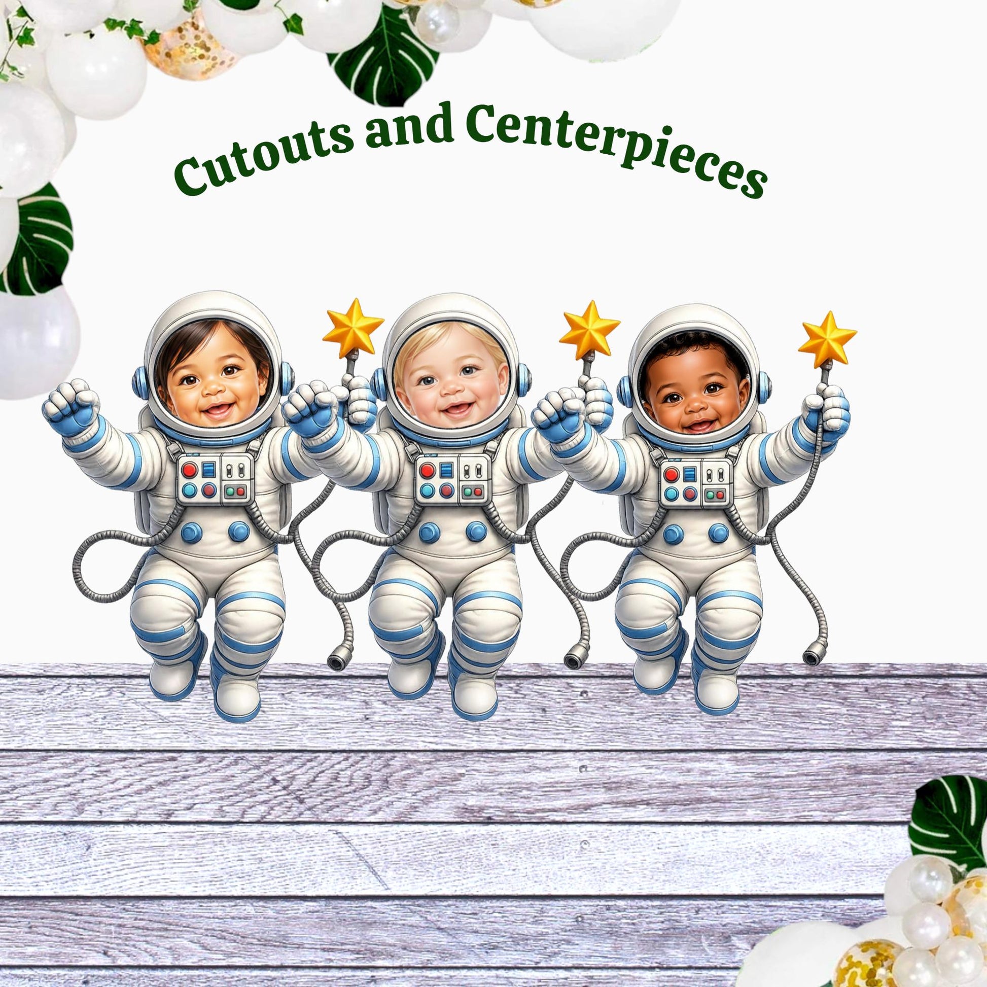 Personalized baby astronaut cutout with a child's face, surrounded by stars, for a space-themed 1st birthday party.
