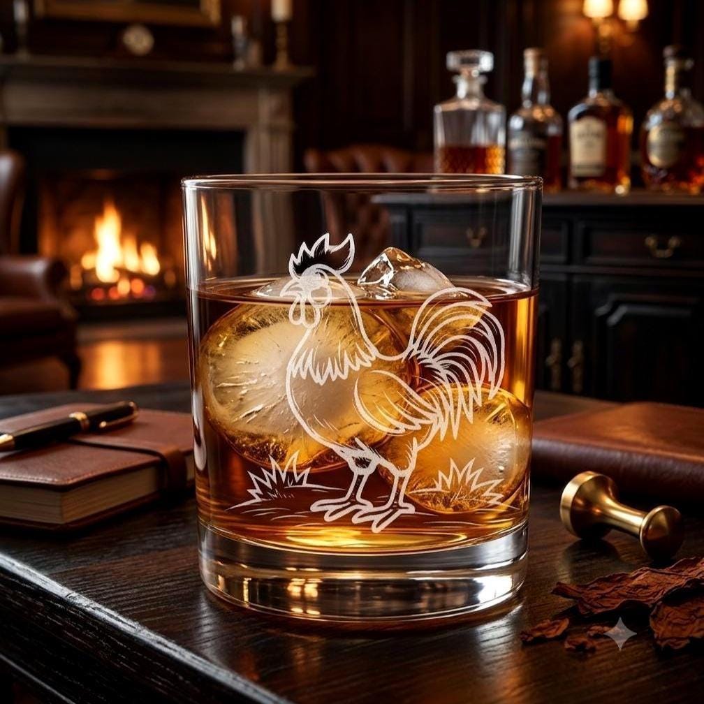 Laser Engraved Rooster Whiskey Glass