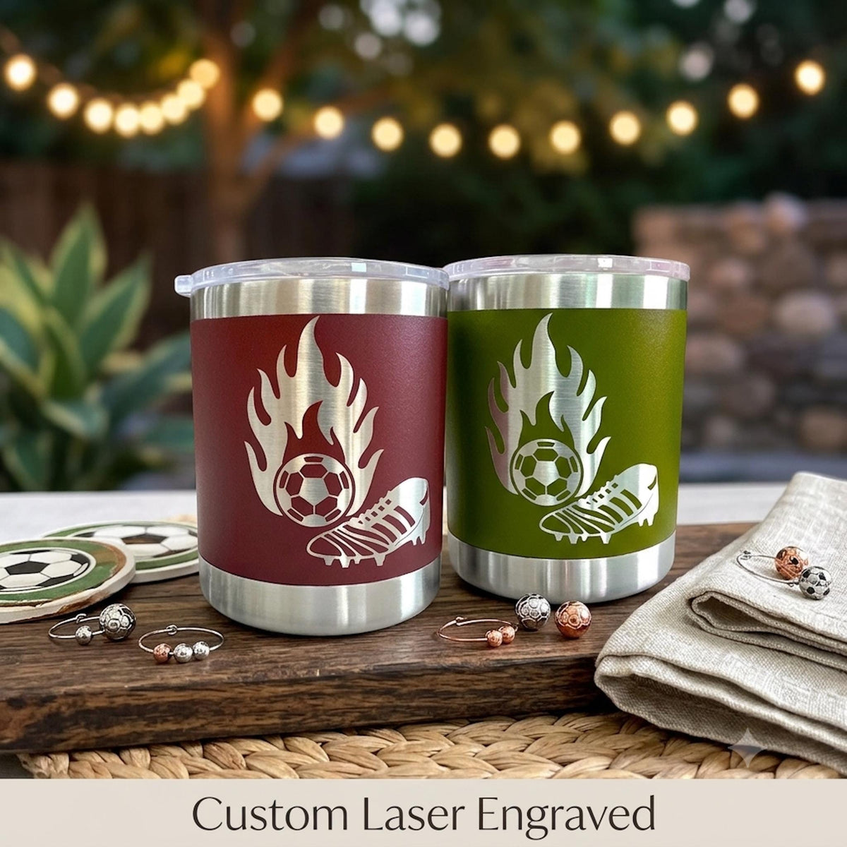 Custom laser engraved soccer tumbler with personalized name, shown upright against a clean background.