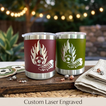 Custom laser engraved soccer tumbler with personalized name, shown upright against a clean background.