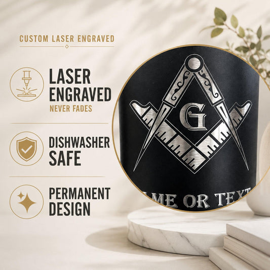 Collection of various Freemason tumblers, showcasing the detailed engraving of the masonic compass and square.