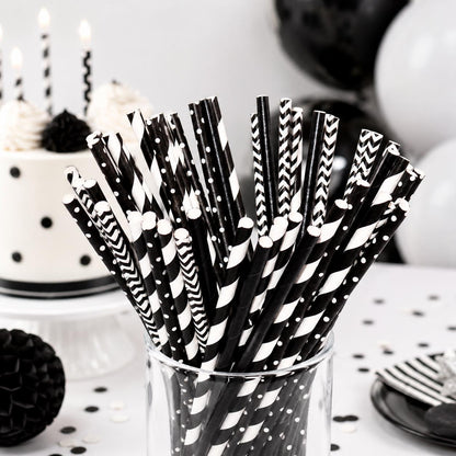 Set of 50 black paper straws, neatly bundled and ready for use as party supplies.