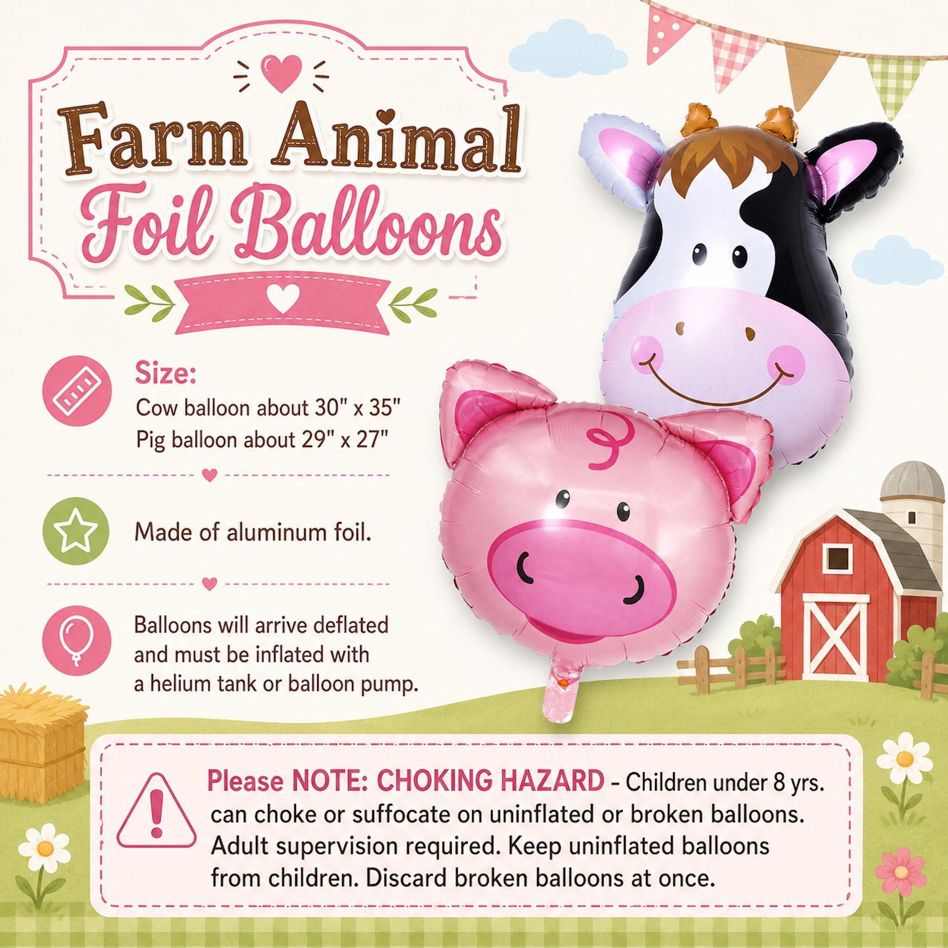 Close-up of the giant pink pig foil balloon, showing its detailed farm animal design.