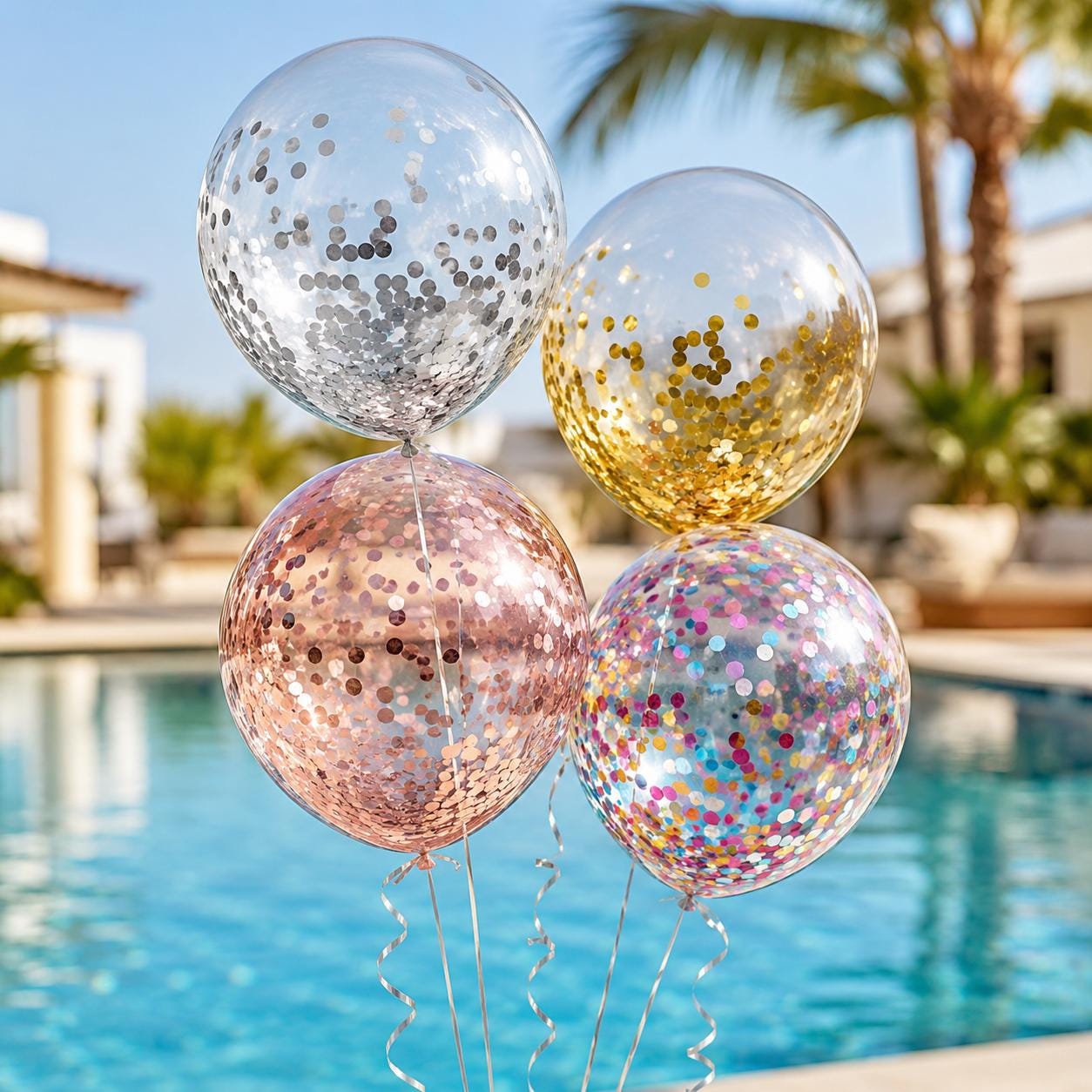 Close-up of a clear latex balloon with rose gold foil confetti, suitable for a bridal shower.