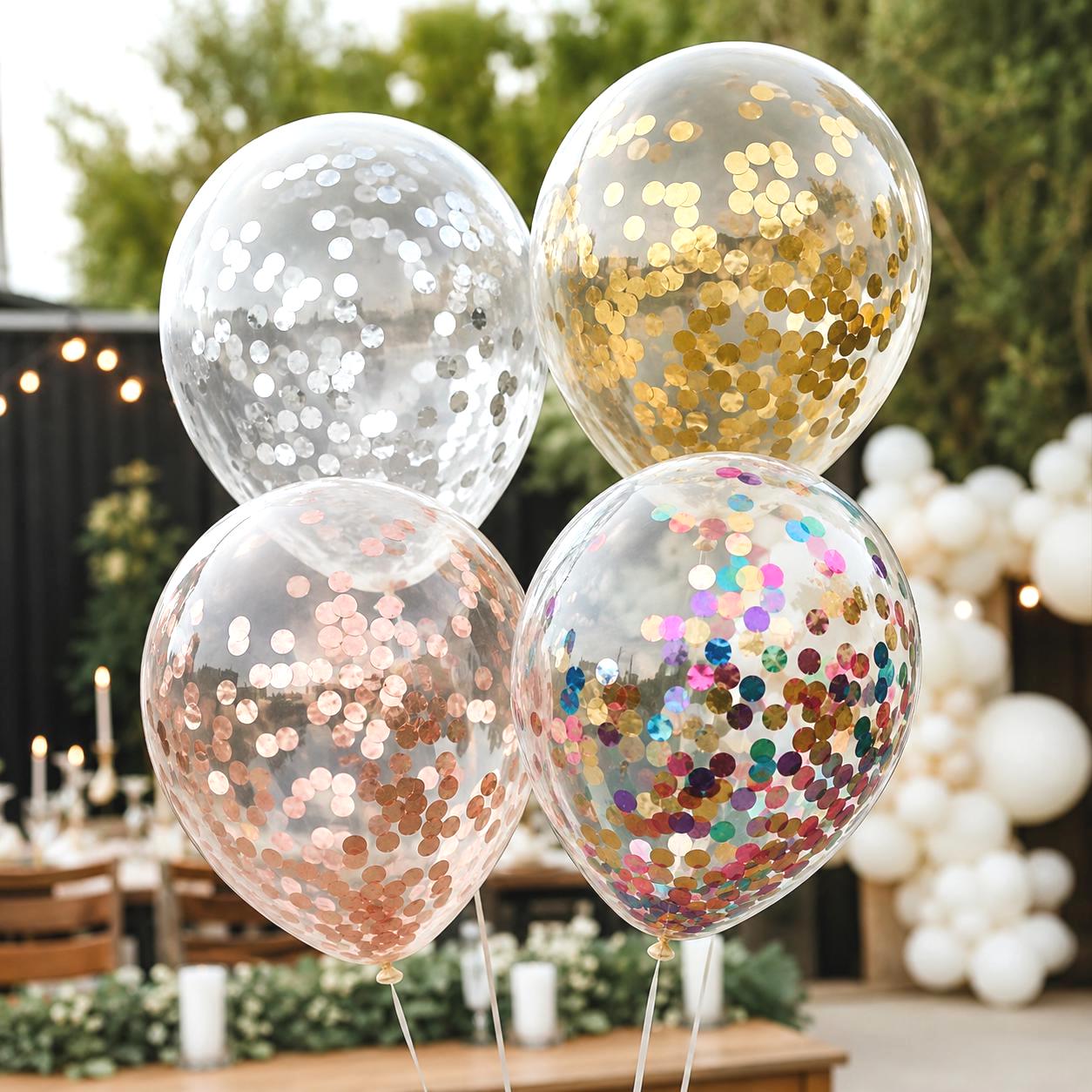 Set of five 11-inch clear latex balloons filled with foil confetti for a party.