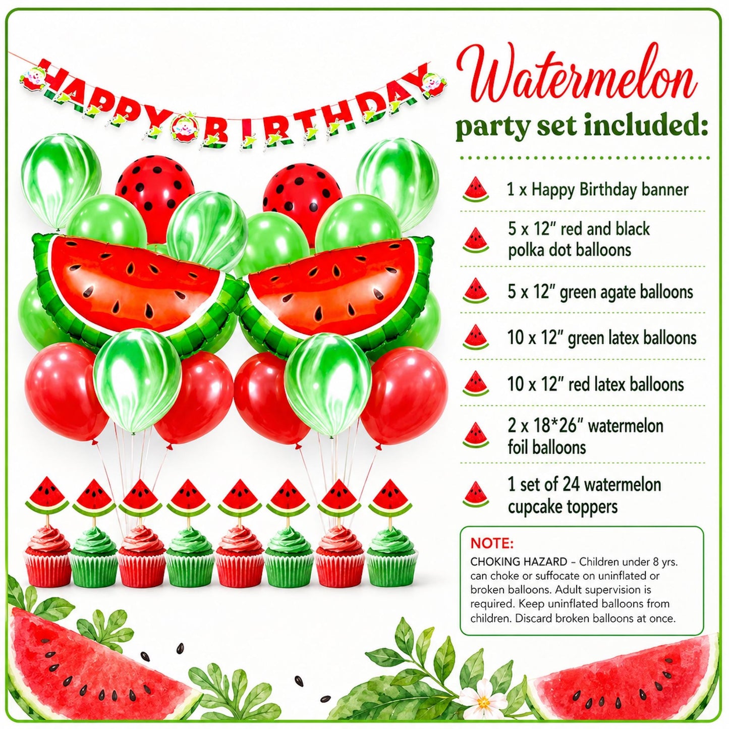 Arrangement of red, green, and polka dot latex balloons alongside two large watermelon foil balloons for a party setup.