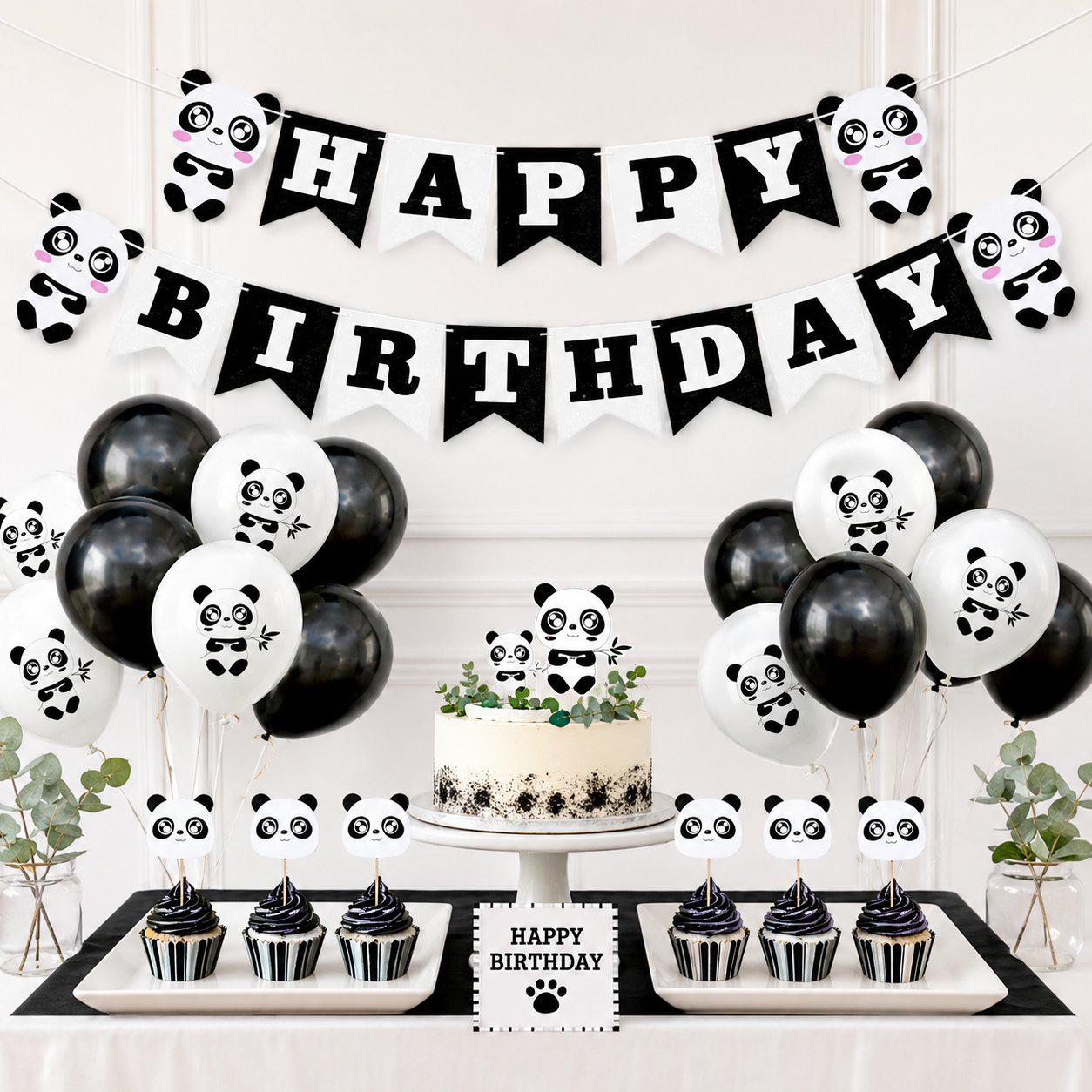 Panda birthday party kit featuring a happy birthday banner, balloons, and cake toppers.