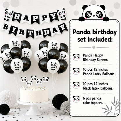 Detail shot of ten panda latex balloons and ten black latex balloons on a table.