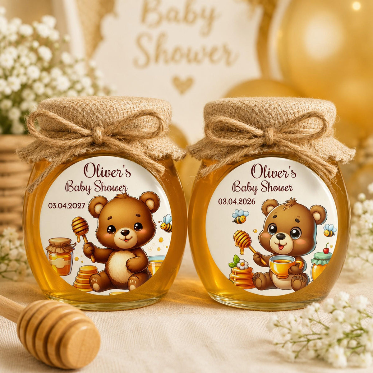 Glossy bear themed stickers for a boy baby shower favor bag, styled next to vibrant yellow wildflowers.