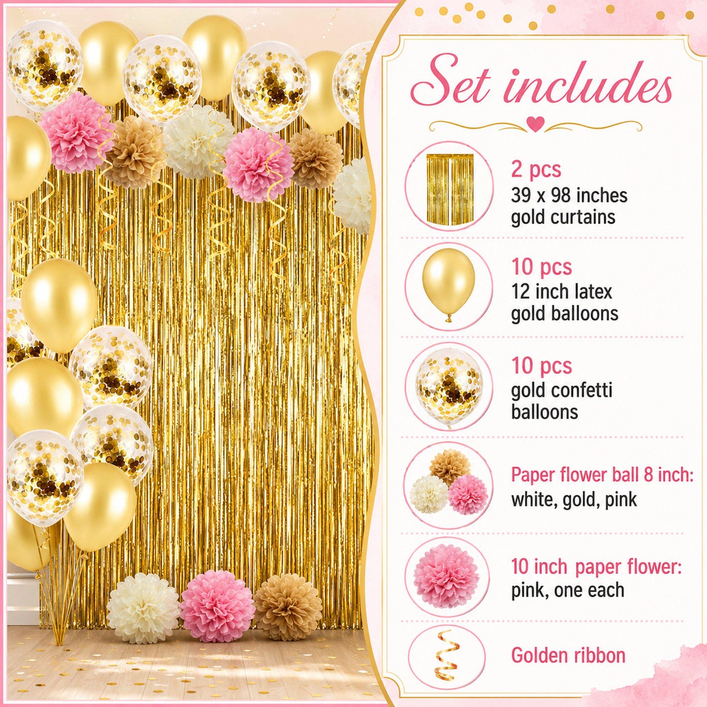 Close-up detail of 12-inch gold confetti balloons and blush pink latex balloons, with soft pink paper flowers as party decor.