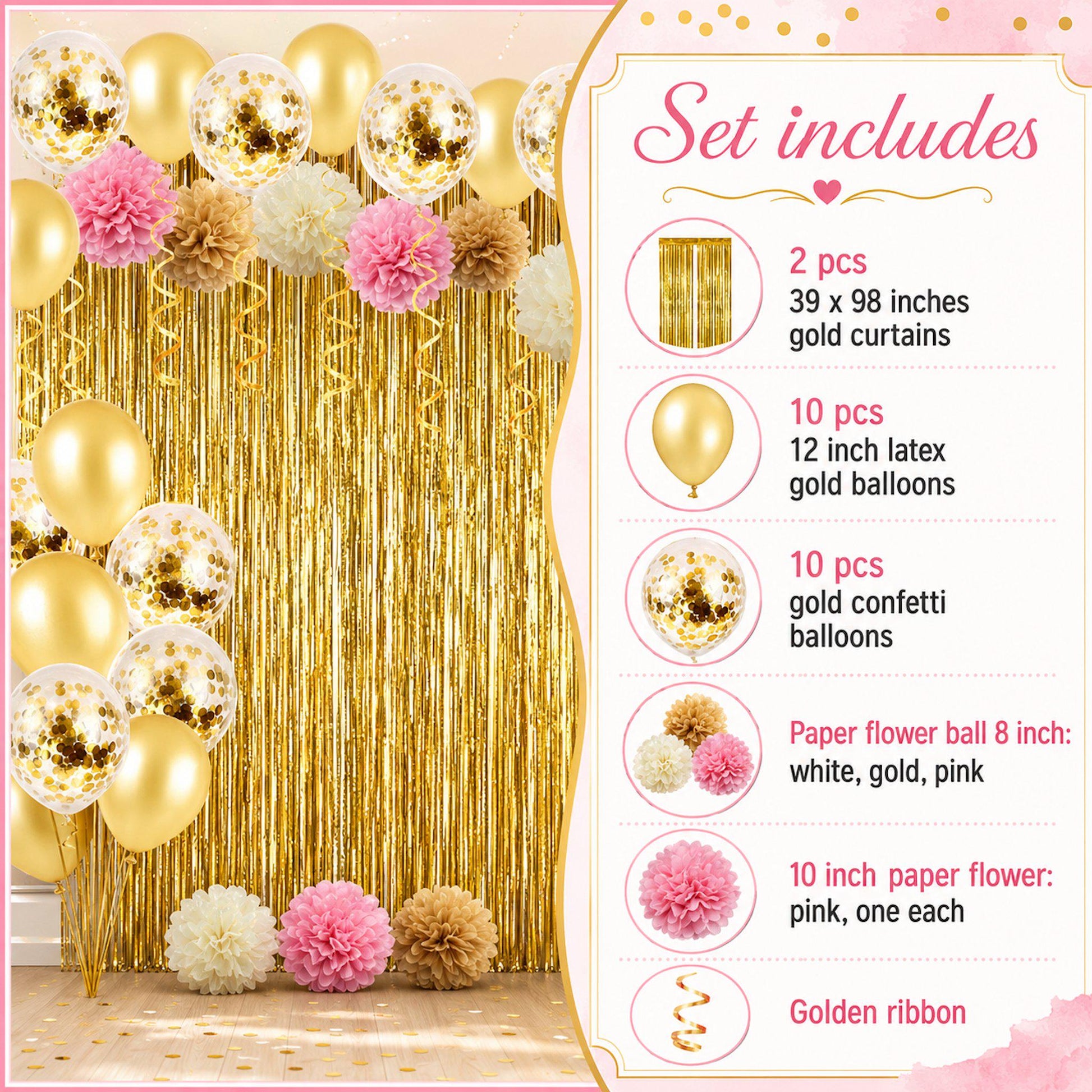 Close-up detail of 12-inch gold confetti balloons and blush pink latex balloons, with soft pink paper flowers as party decor.