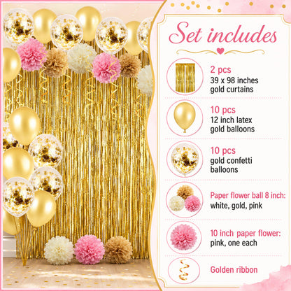 Close-up detail of 12-inch gold confetti balloons and blush pink latex balloons, with soft pink paper flowers as party decor.