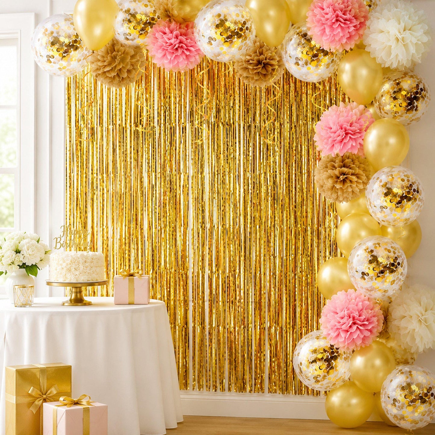 Textured view of two gold foil fringe curtains, layered to create a sparkling, festive party wall backdrop for events.