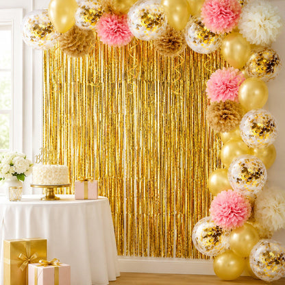 Textured view of two gold foil fringe curtains, layered to create a sparkling, festive party wall backdrop for events.