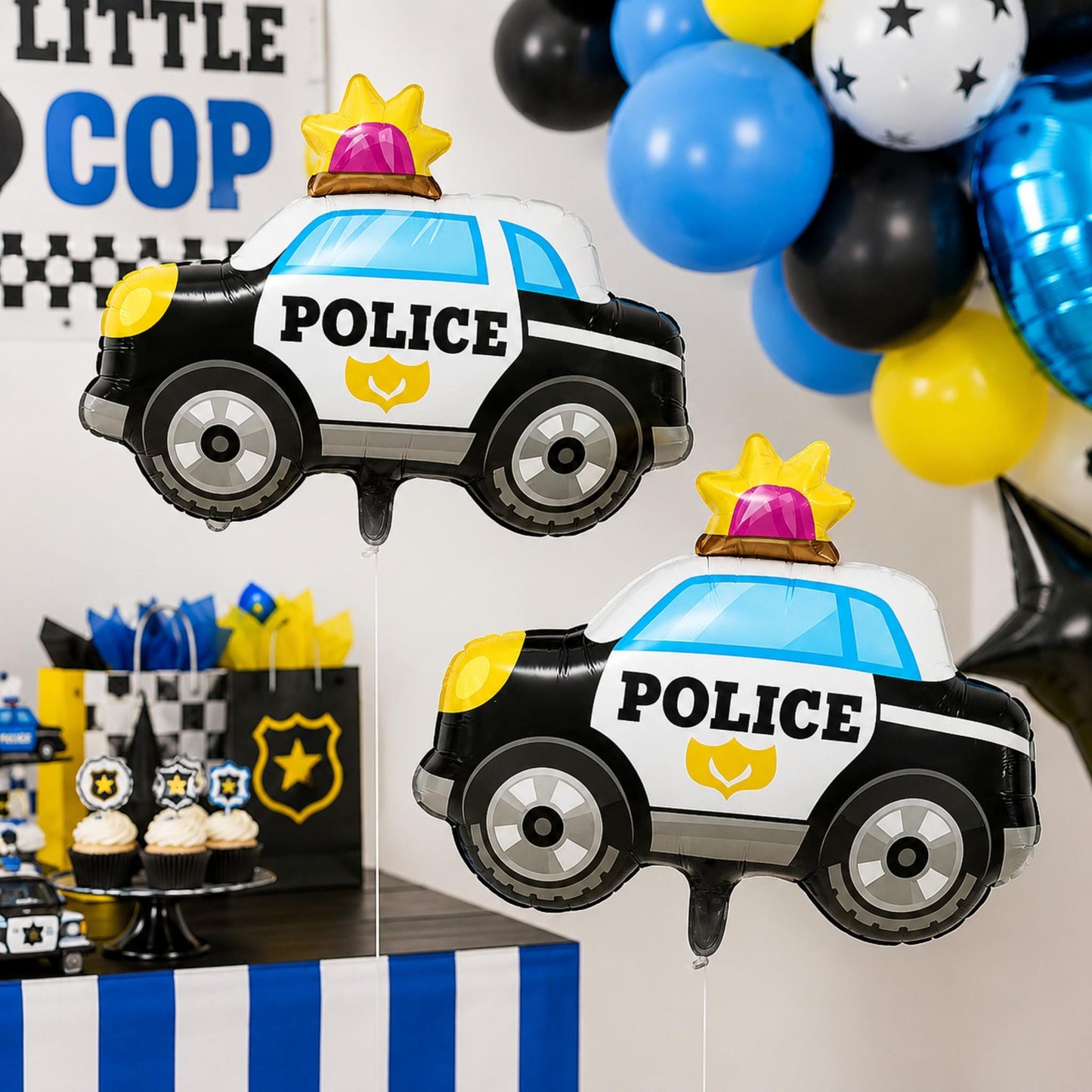 Large police car foil balloon in blue, white, and black, shown flat before inflation.