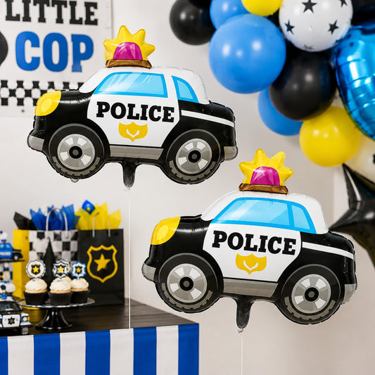 Large police car foil balloon in blue, white, and black, shown flat before inflation.
