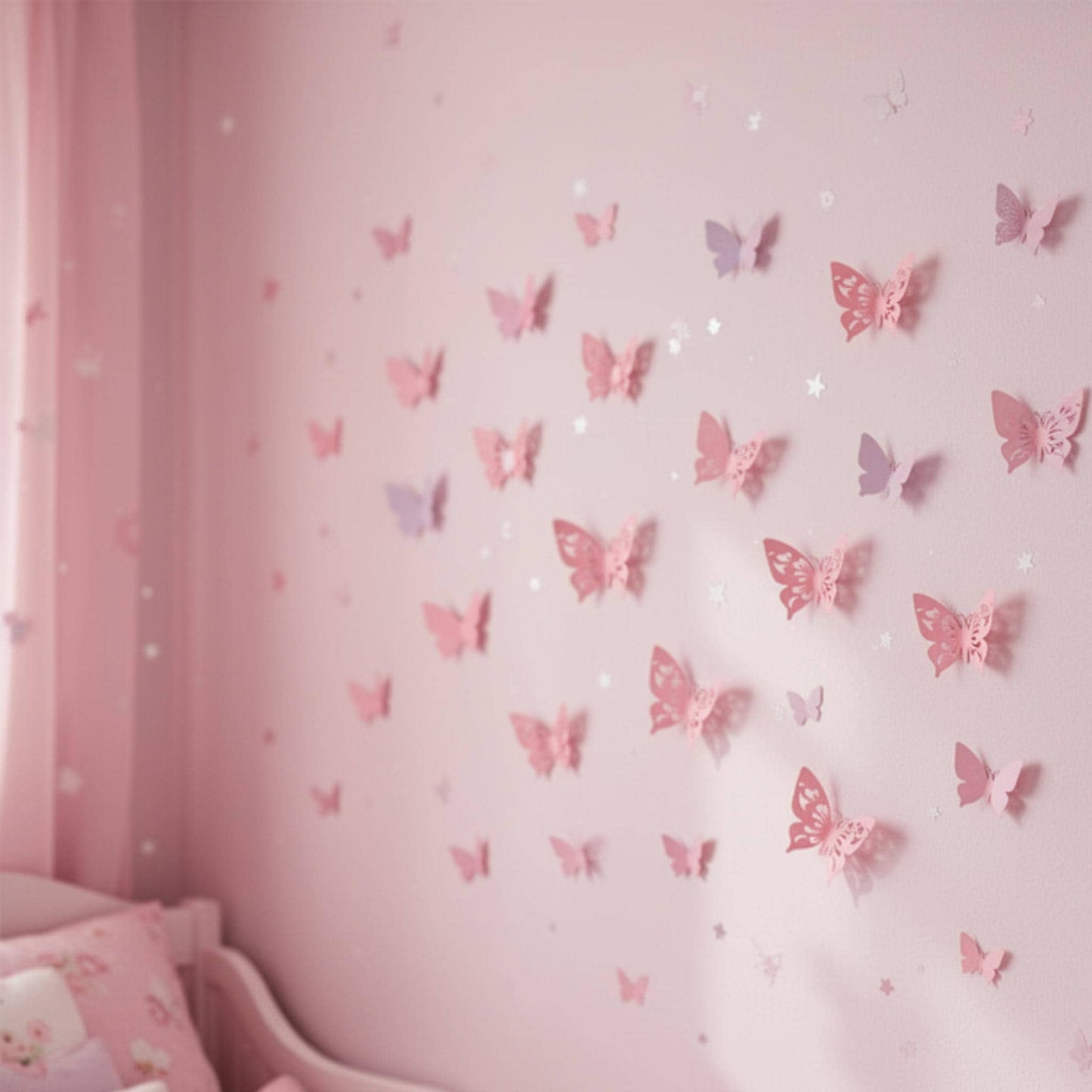 Arrangement of assorted pink 3D paper butterflies displayed on a light wall, highlighting their versatile decorative use.