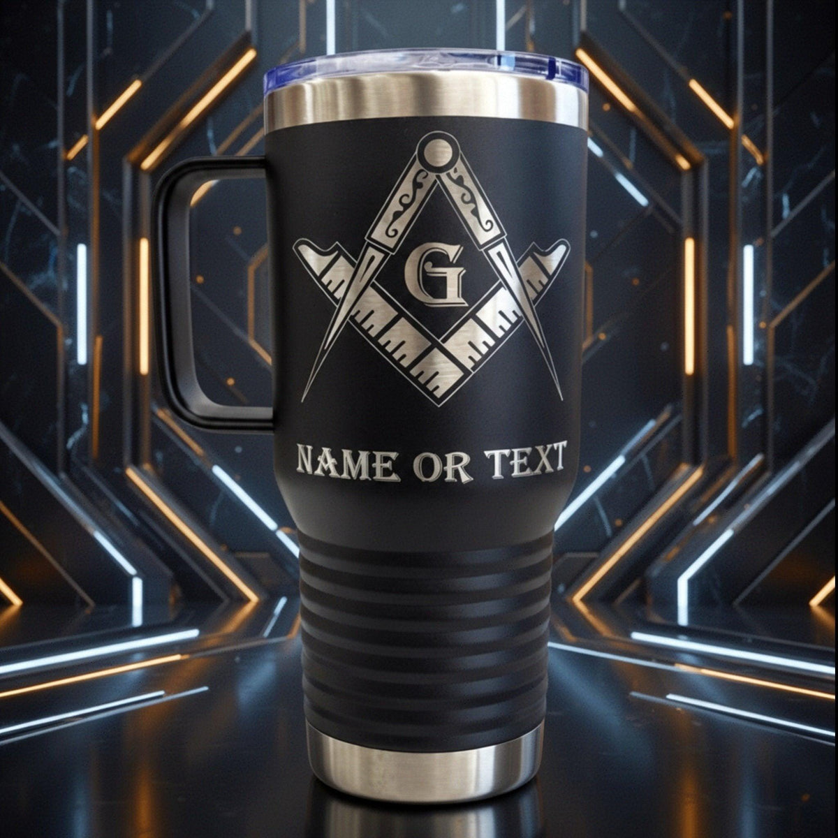 Stainless steel Freemason tumbler filled with a beverage, demonstrating its functional and symbolic appeal.