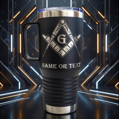 Stainless steel Freemason tumbler filled with a beverage, demonstrating its functional and symbolic appeal.