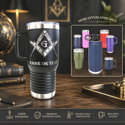 Polished stainless steel tumbler featuring a crisp, engraved masonic compass and square emblem.