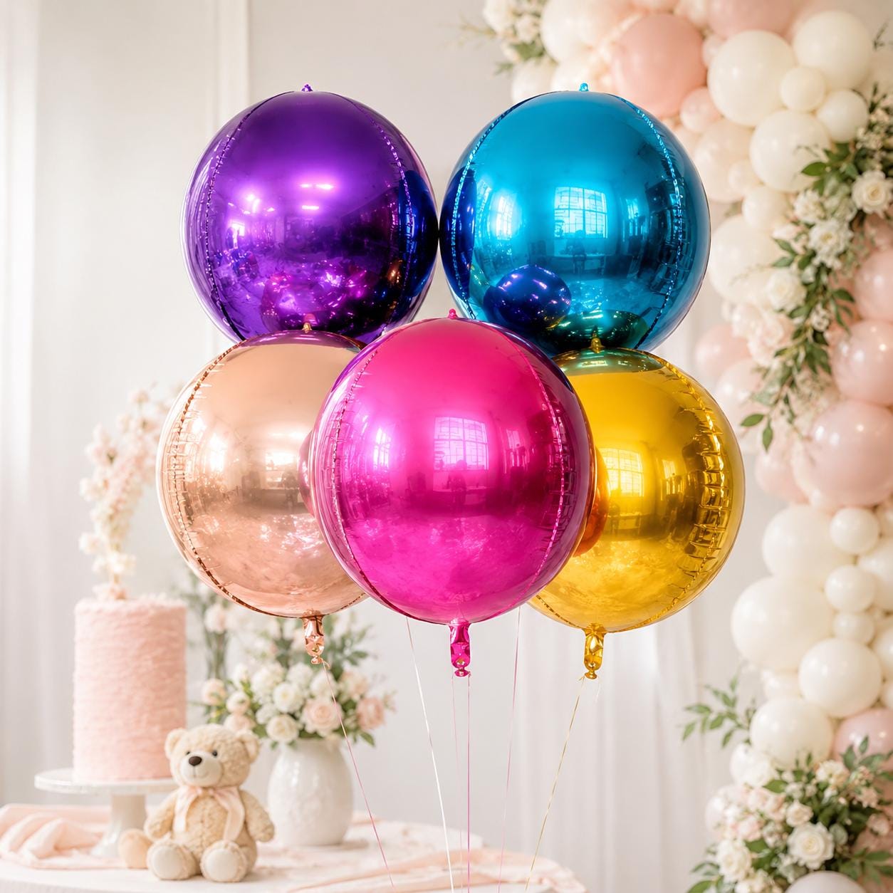 Three round mylar foil balloons in rose gold, purple, and blue, perfect for party decor.