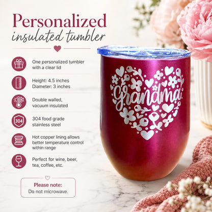 Close-up of the permanent laser-engraved floral heart design and "Grandma" text on a pink tumbler surface.