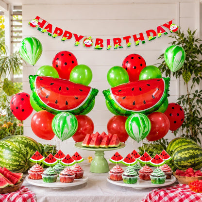 Close-up of the 'Happy Birthday' banner with decorative watermelon slice accents, perfect for a summer celebration.