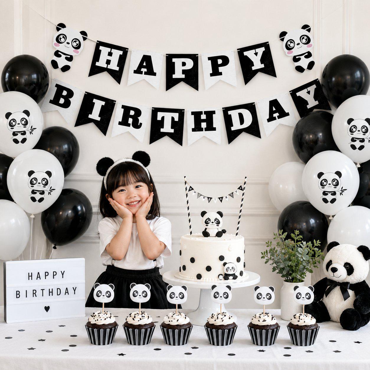 Close-up of six playful panda cake toppers made for birthday cupcakes or a cake.