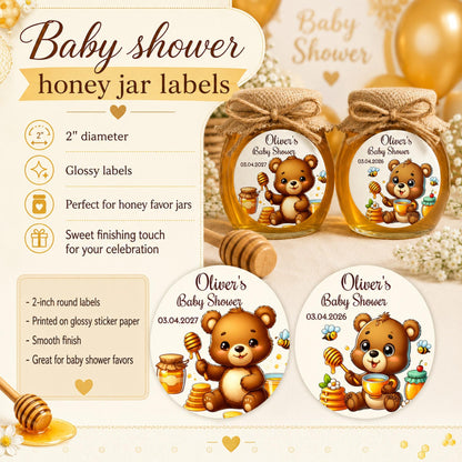 Two-inch round baby bear labels with a customized name, displayed on a rustic honey party favor jar.