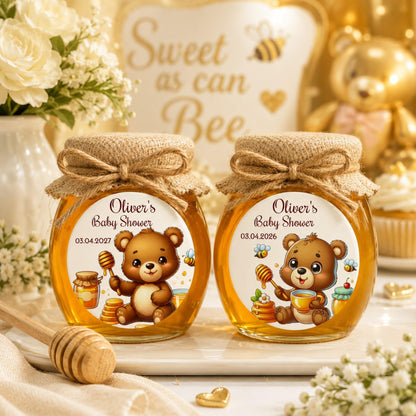 Sheet of personalized baby bear stickers featuring a honey jar illustration and custom text.