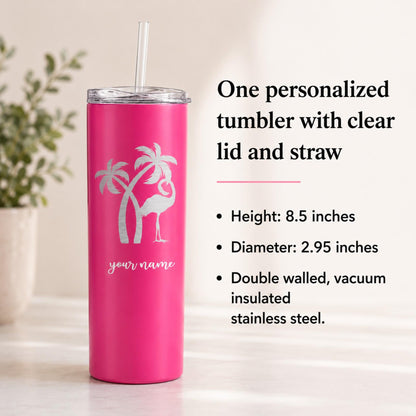 Hot pink 20 oz flamingo cup with clear lid and straw beside a guide to height, diameter, and insulation.