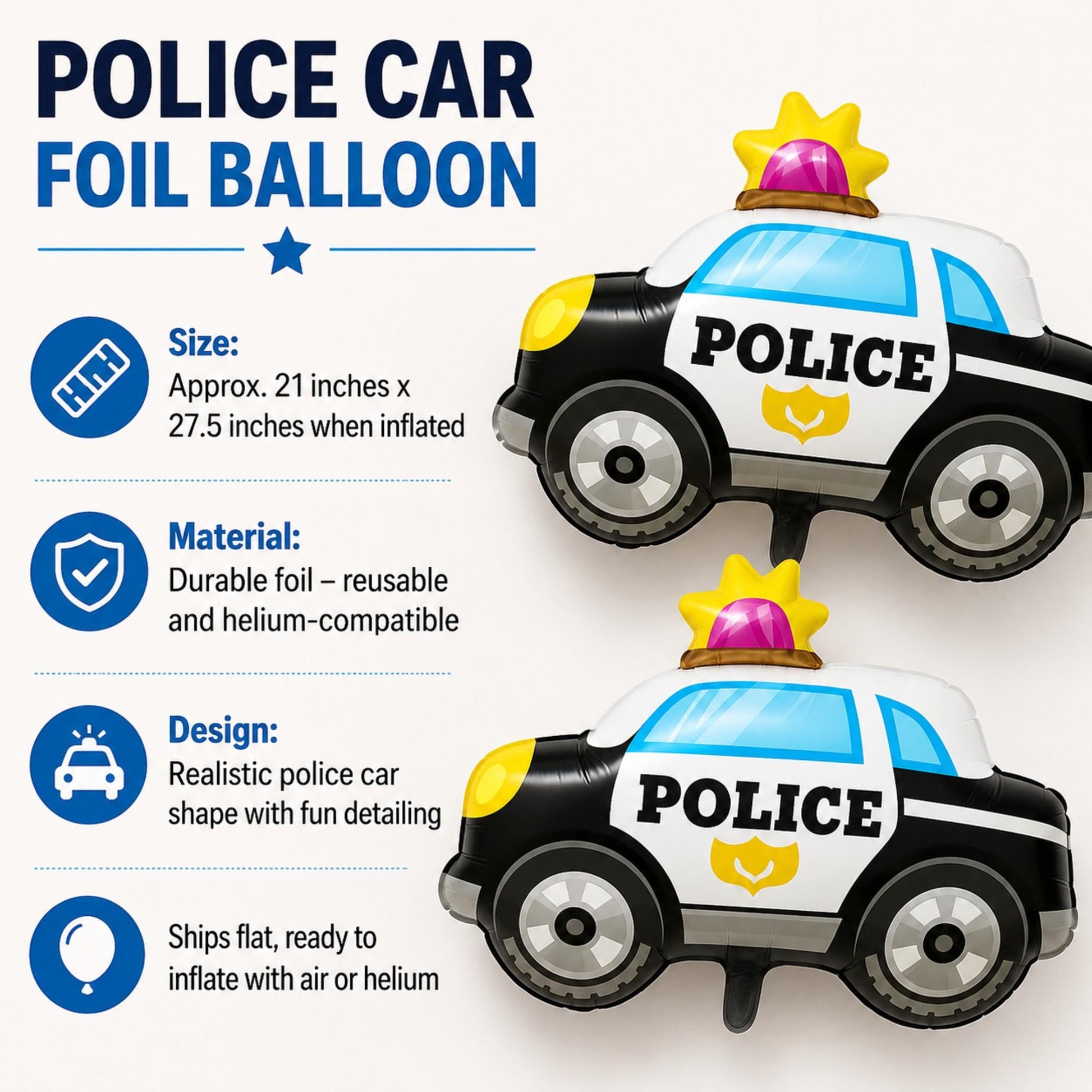 Inflated cop car balloon styled against a backdrop with blue, black, and white party decorations for a boy's birthday.